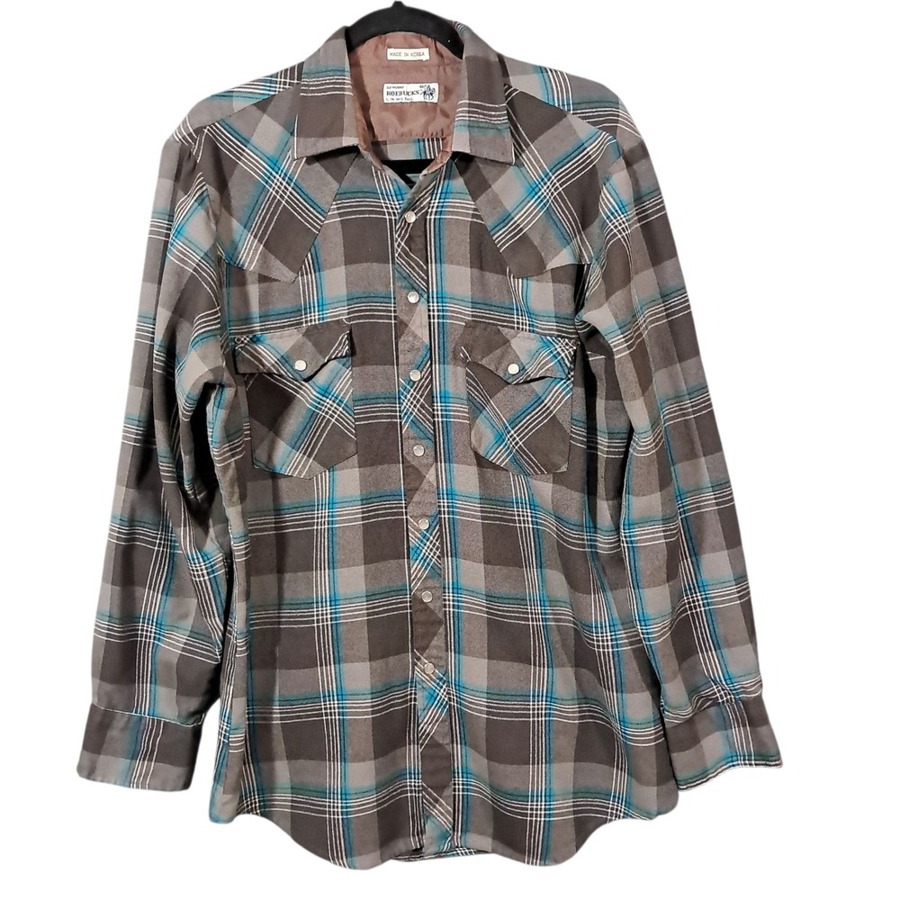 VTG Roebucks Shirt Men Large Brown Turquoise Plaid Pearl Snap Western Cowboy 70s